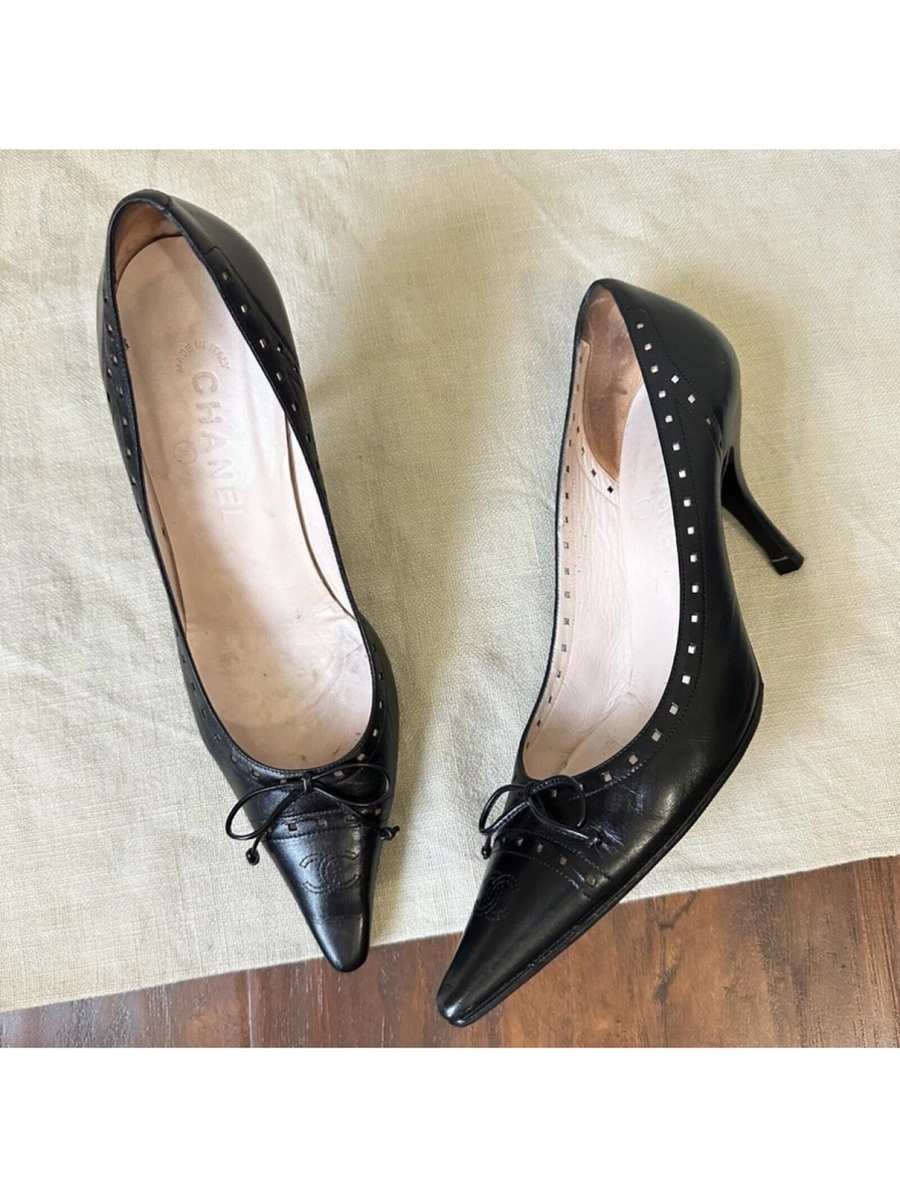 CHANEL Black Leather Pointed Toe Bow Heels with Stud Trim